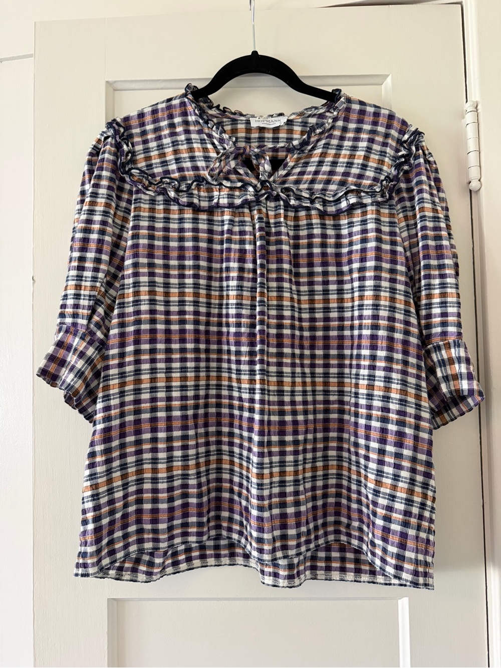 Hofmann Copenhagen Plaid Ruffle Tie Neck Blouse Size 42